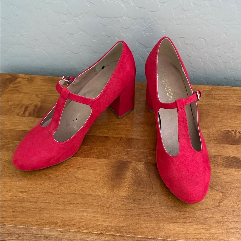 Dream Pairs Red T-Strap Block Heel Pumps